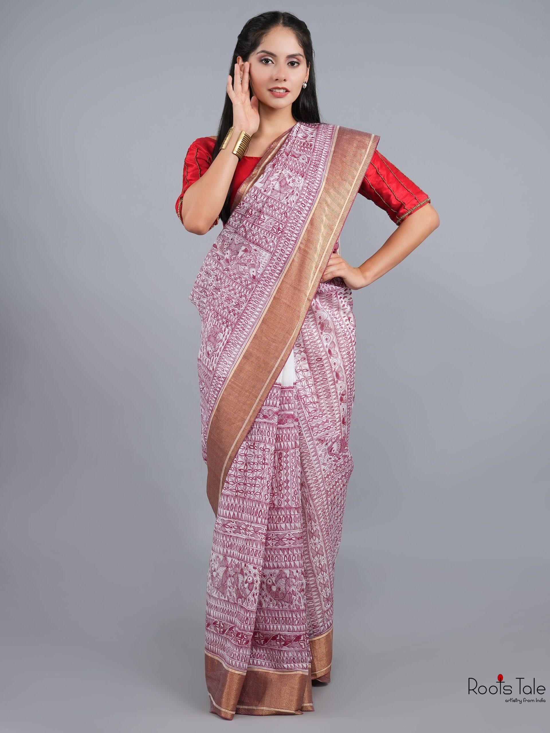 NATURAL MADHUBANI FULL WORK CHANDERI SILK SAREE - Image 2