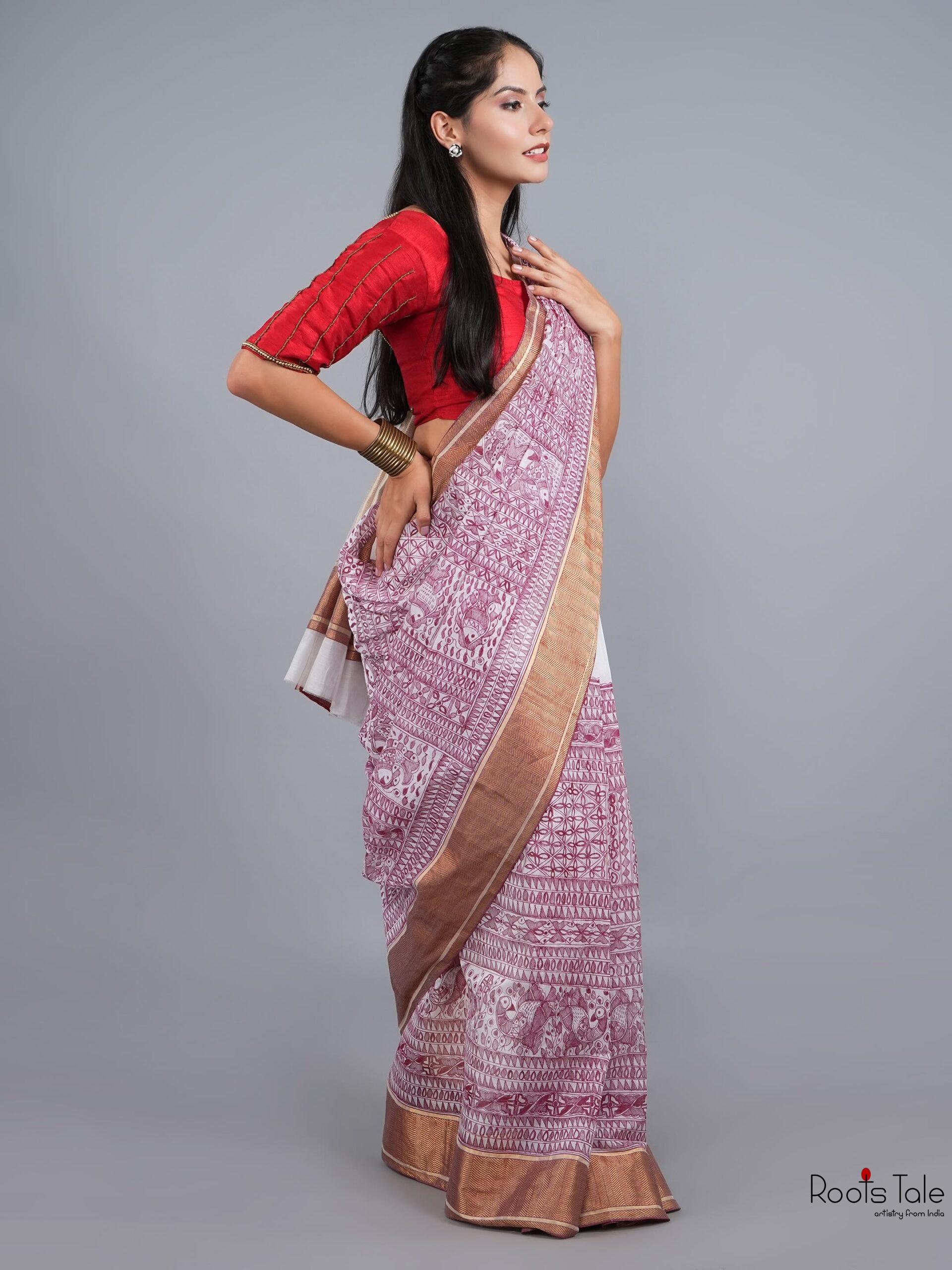 NATURAL MADHUBANI FULL WORK CHANDERI SILK SAREE - Image 6