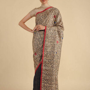 BEIGE BLACK MADHUBANI SILK SAREE