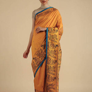ORANGE KRISHNA-RAAS MADHUBANI SILK SAREE